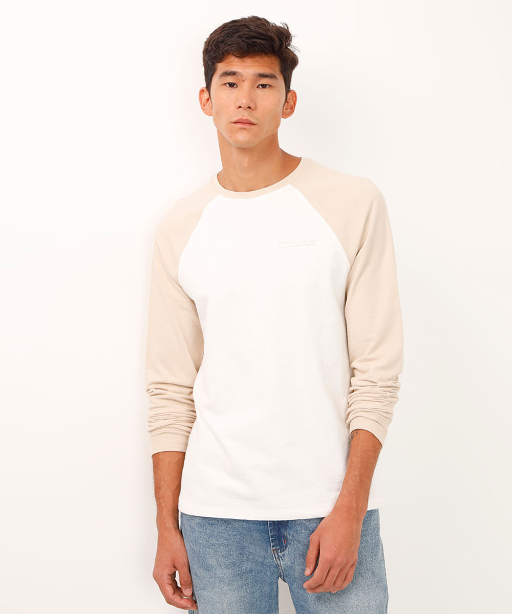 camiseta de algodão manga longa raglan bicolor bege