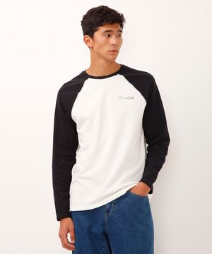 blusa de algodão manga longa raglan texturizada bicolor preta