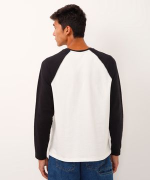 blusa de algodão manga longa raglan texturizada bicolor preta