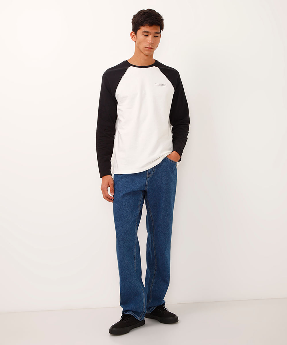 camiseta de algodão manga longa raglan bicolor preta