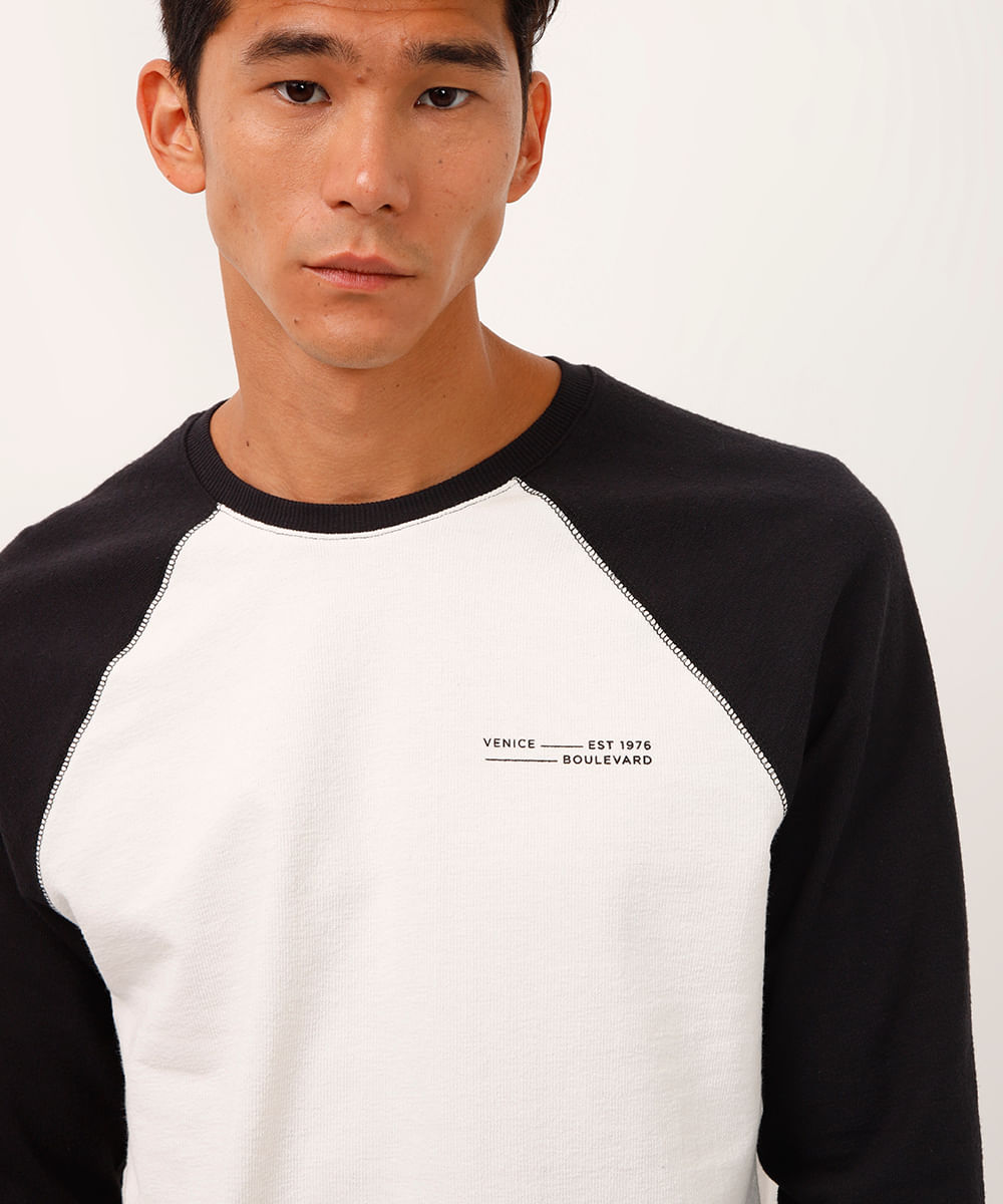 camiseta de algodão manga longa raglan bicolor preta