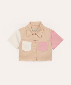 camisa infantil cropped de sarja tricolor bege