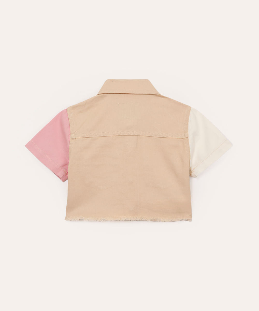 camisa infantil cropped de sarja tricolor bege