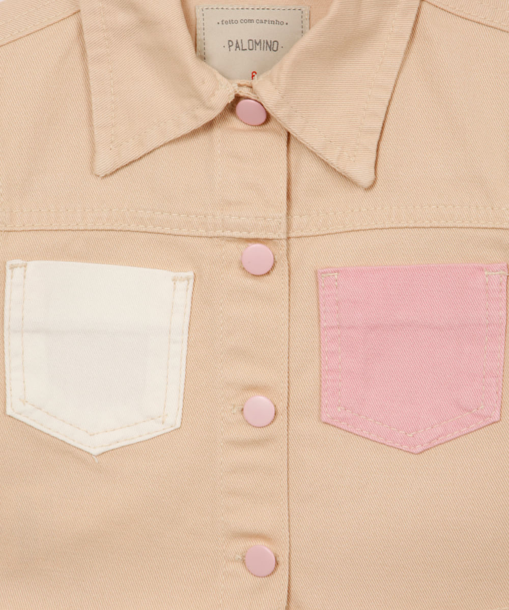 camisa infantil cropped de sarja tricolor bege