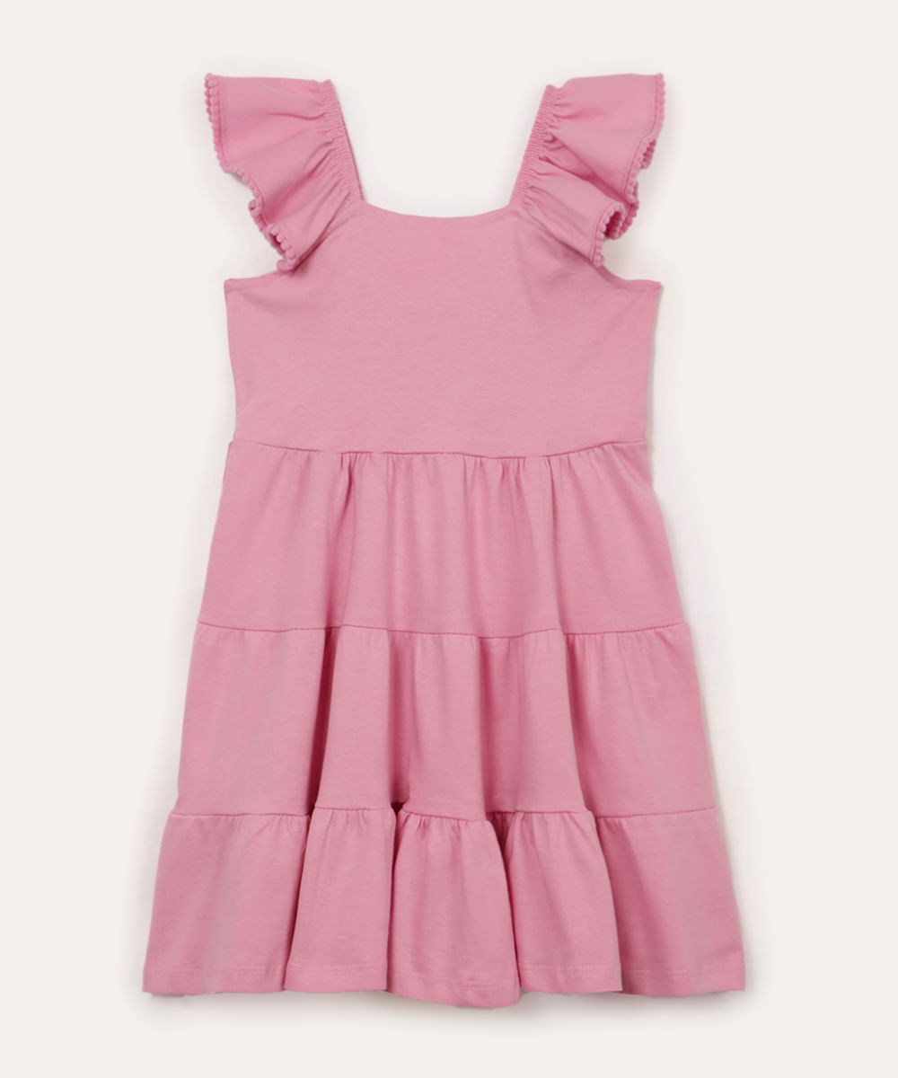 vestido infantil de algodão alça com babado - rosa orquidea