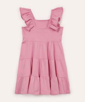 vestido infantil de algodão alça com babado rosa