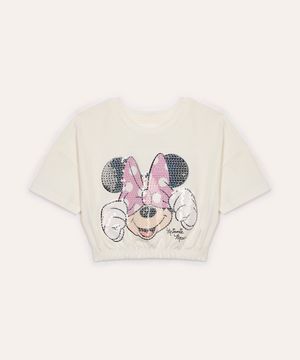 camiseta cropped infantil minnie com paetê off white