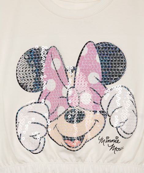 camiseta cropped infantil minnie com paetê off white