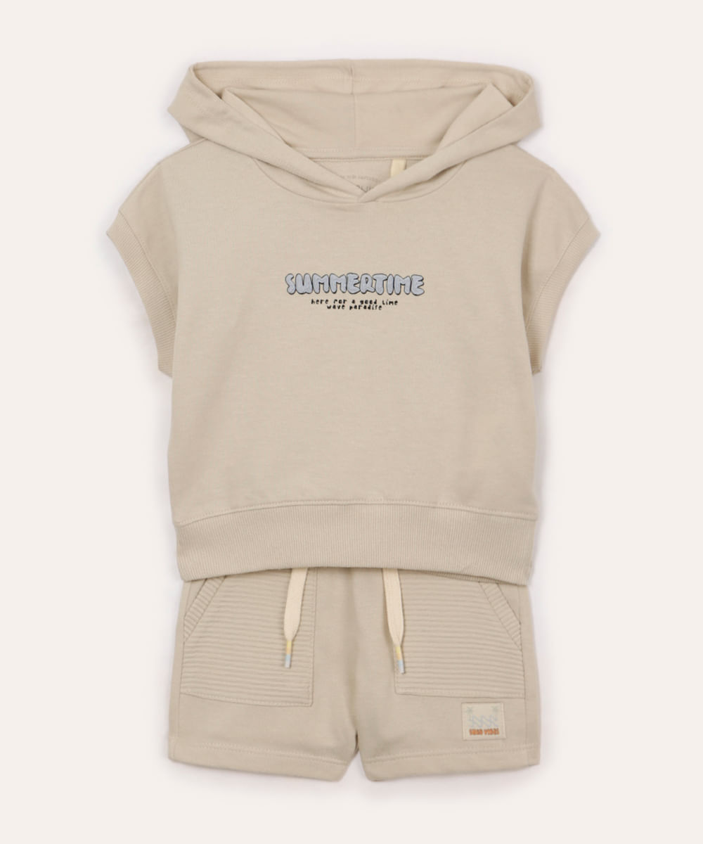 conjunto de moletinho infantil curto com capuz bege