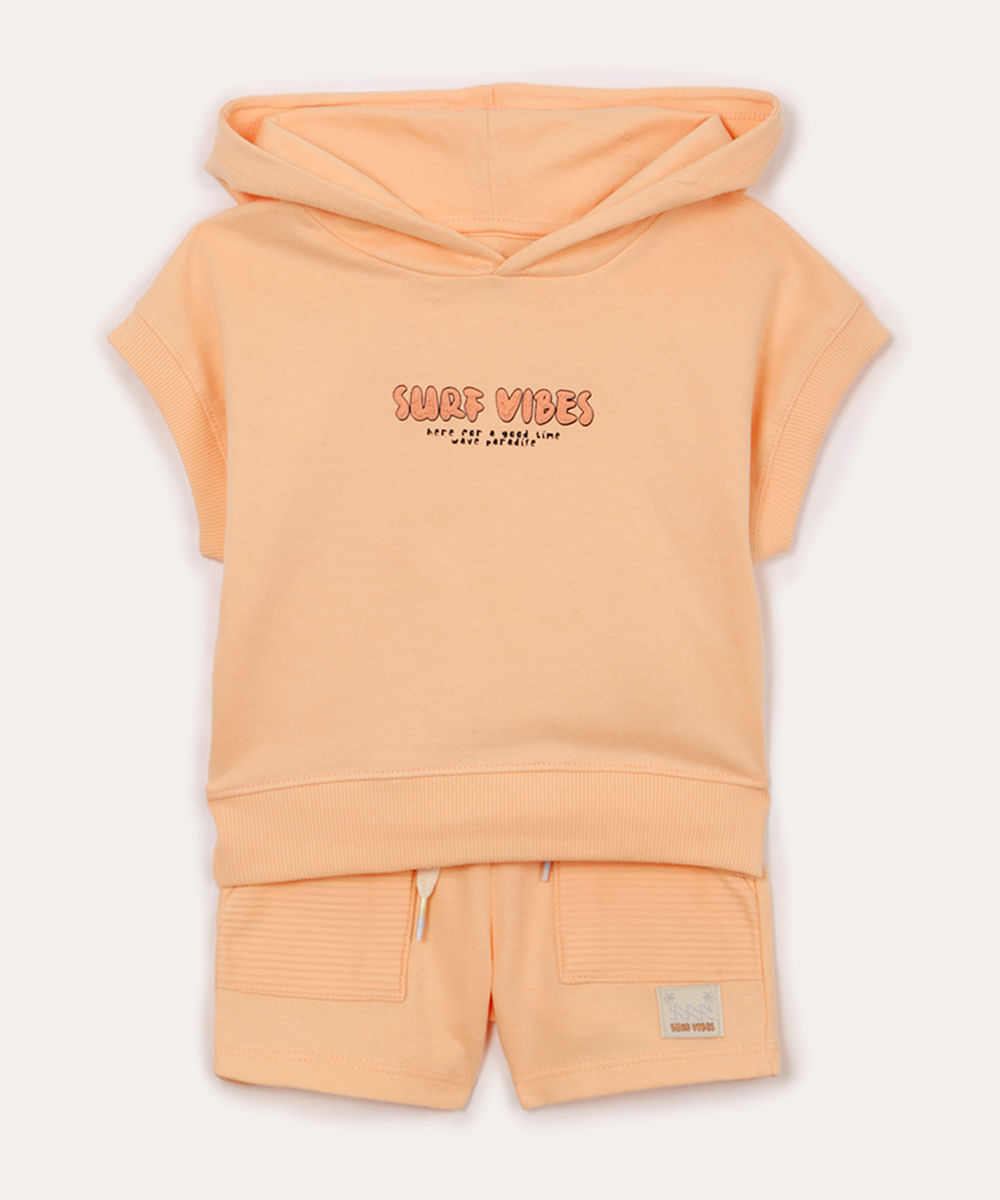conjunto de moletinho infantil curto com capuz laranja