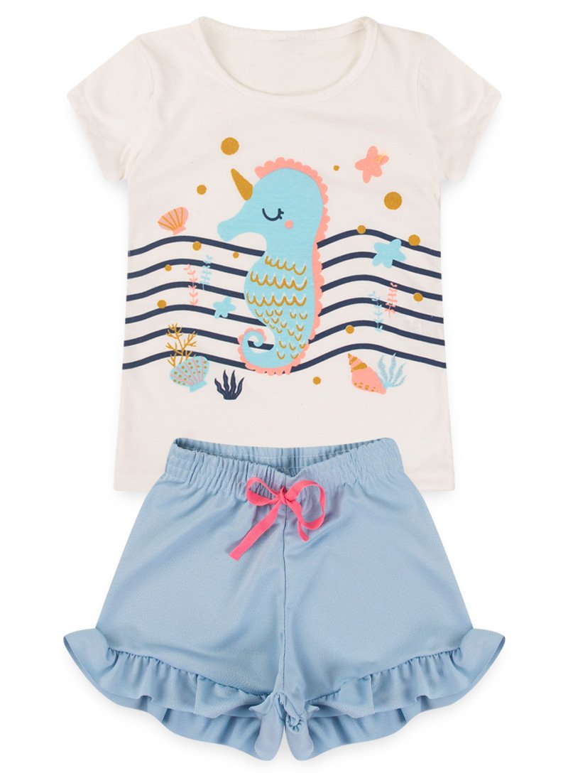 Conjunto Infantil Menina - Cavalo Marinho - Branco e Azul Menor preço em Conjunto Infantil Menina - Cavalo Marinho - Branco e Azul