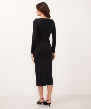 vestido midi decote quadrado manga longa preto