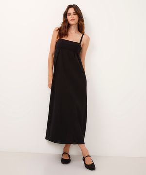 vestido midi de viscose alça fina quadriculado preto