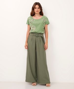 calça wide leg de viscose cintura alta com cinto verde