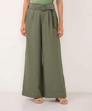 calça wide leg de viscose cintura alta com cinto verde