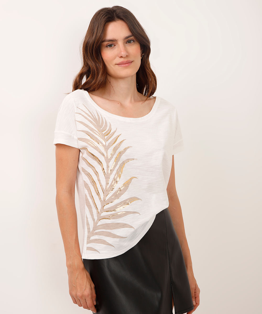 camiseta de algodão folhagem metalizada off white