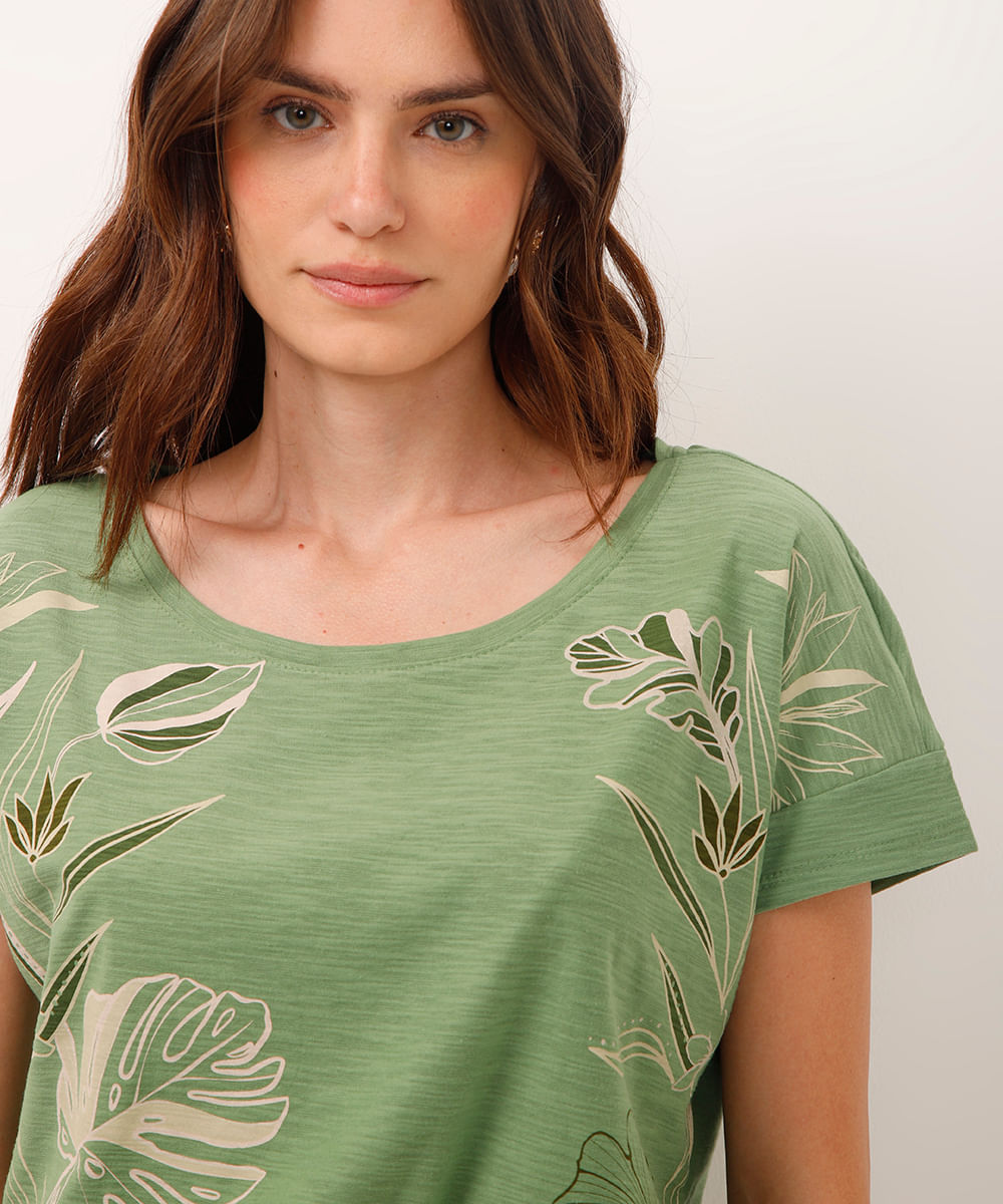 camiseta de algodão manga curta folhagem verde