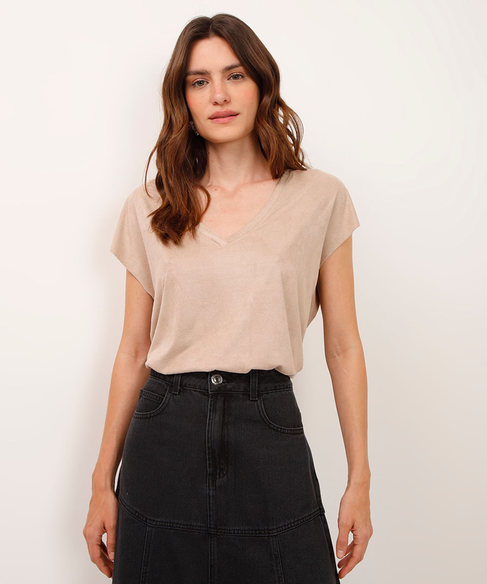 blusa de suede decote v manga japonesa cinza