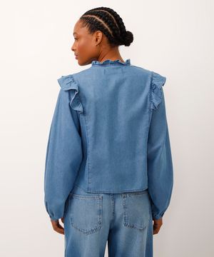 camisa jeans manga bufante com babados azul