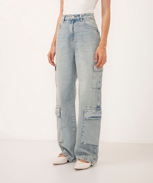 calça wide leg slim jeans cintura alta bolsos cargo azul