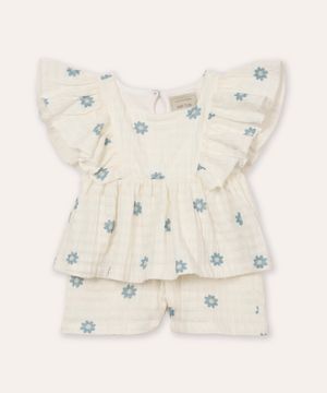 conjunto de algodão infantil texturizado floral off white