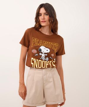 camiseta de algodão manga curta snoopy marrom