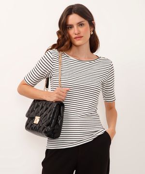 blusa decote canoa listrada com botões off white