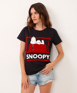 camiseta de algodão manga curta snoopy preta