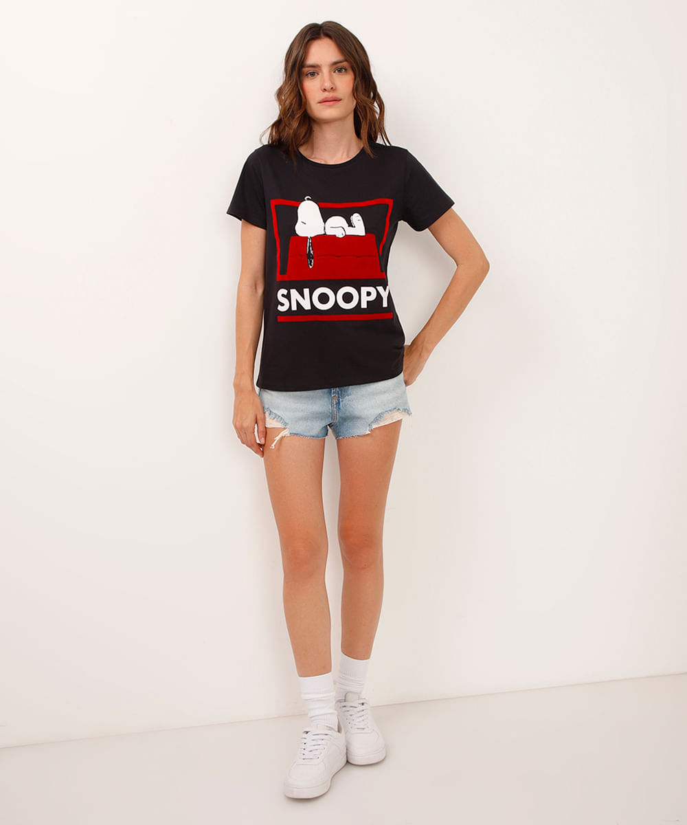 camiseta de algodão manga curta snoopy preta