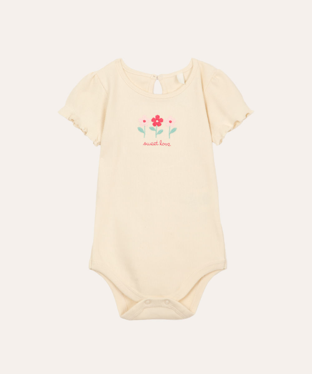 body de algodão infantil canelado floral bege
