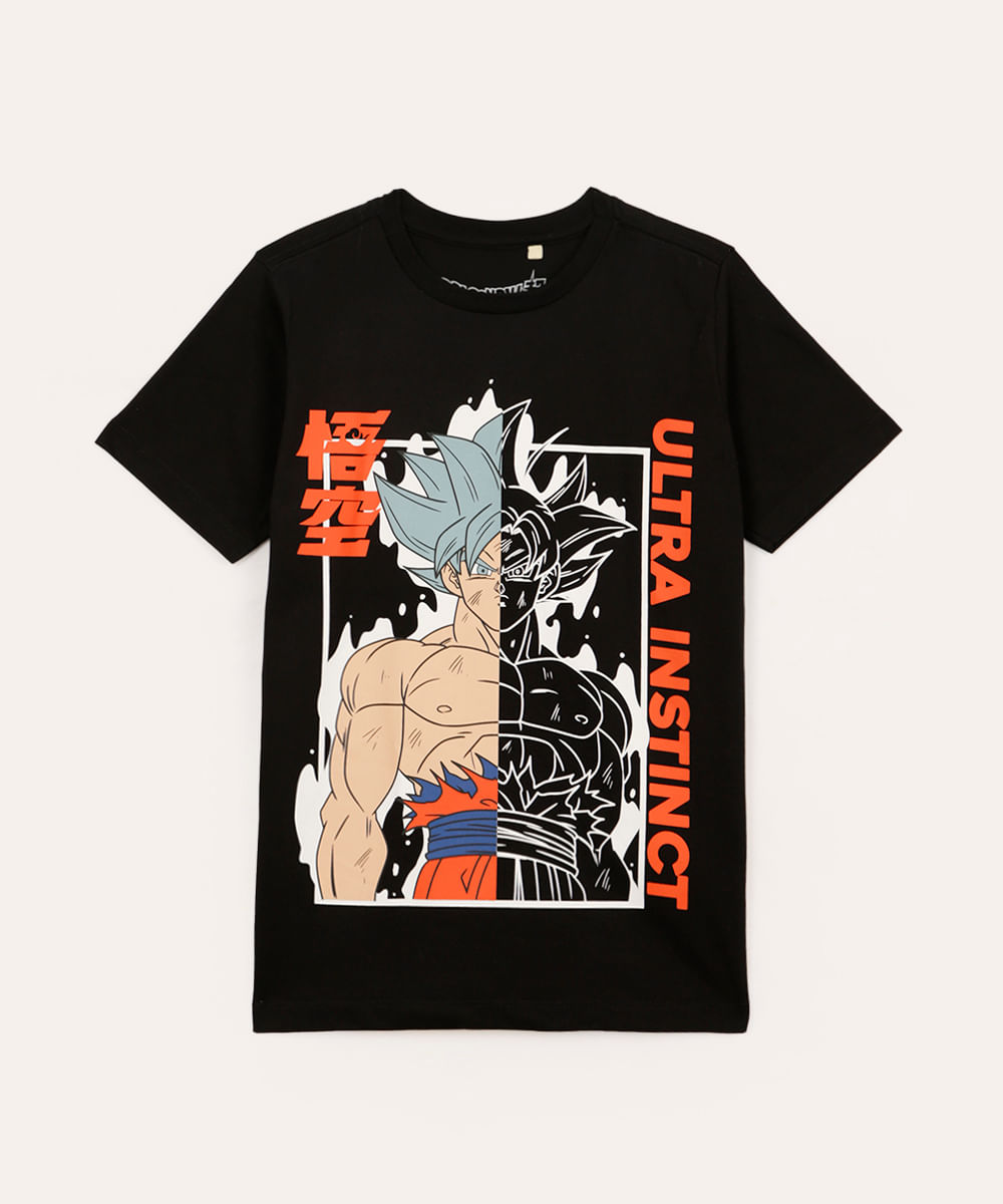 camiseta juvenil de algodão dragon ball manga curta preta