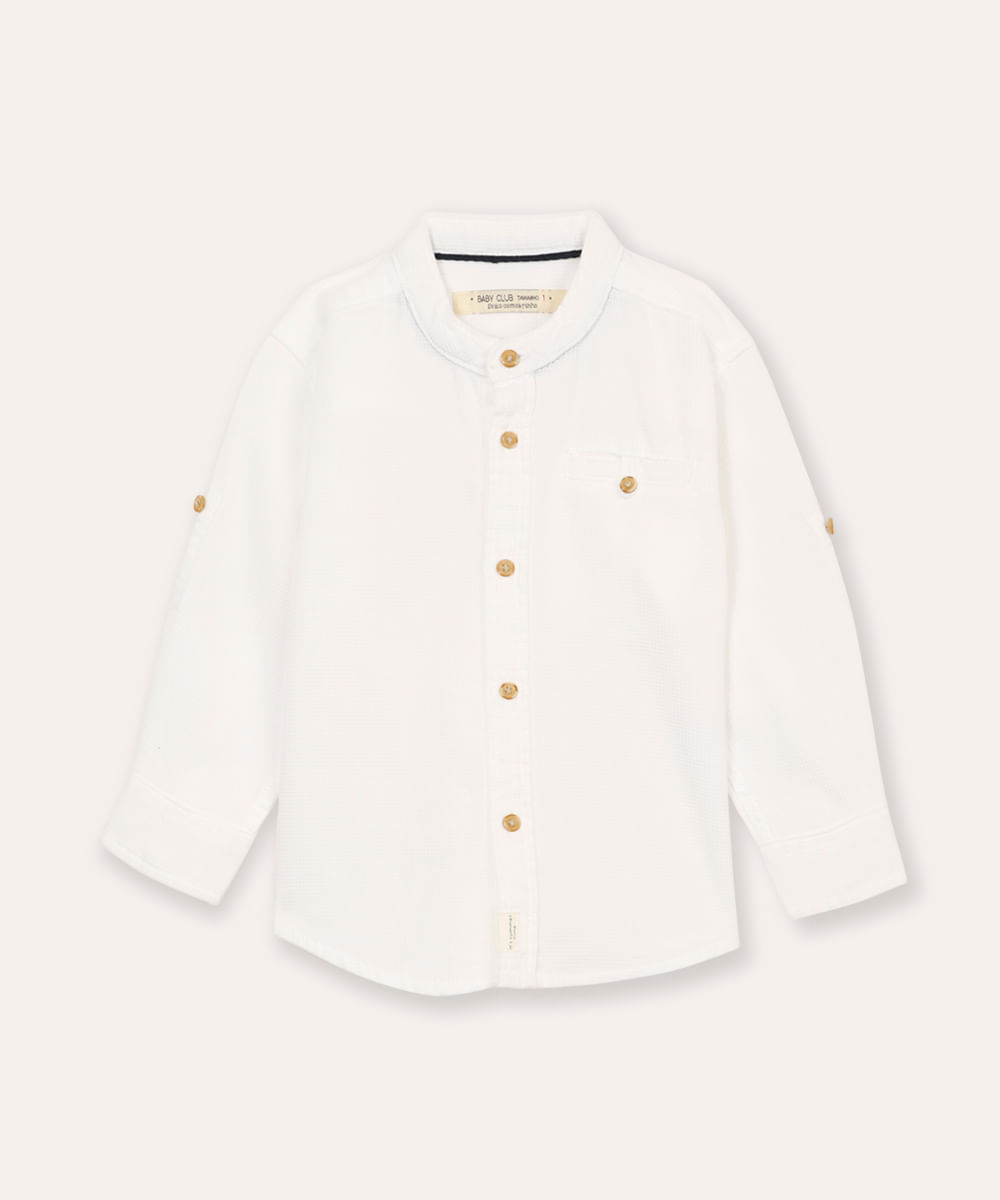 camisa infantil manga longa gola padre azul claro - branco