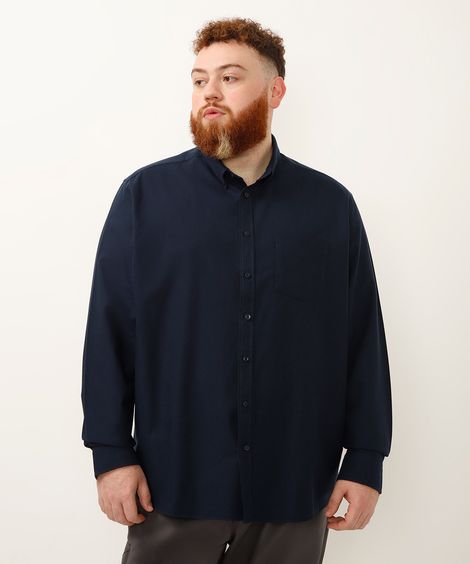camisa de algodão plus size comfort manga longa branca - azul marinho