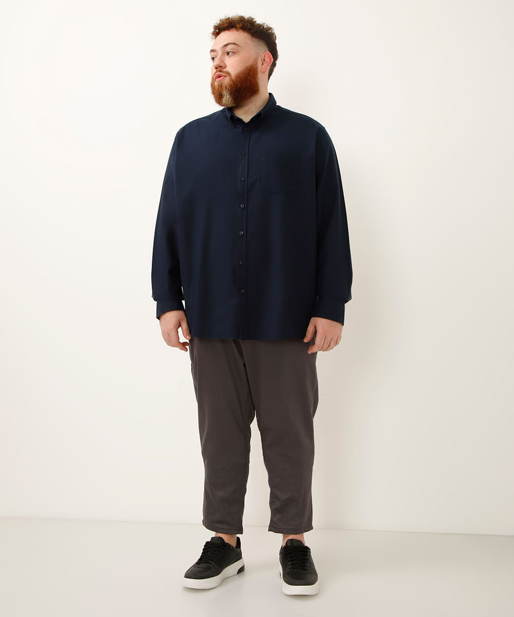camisa de algodão plus size comfort manga longa branca - azul marinho