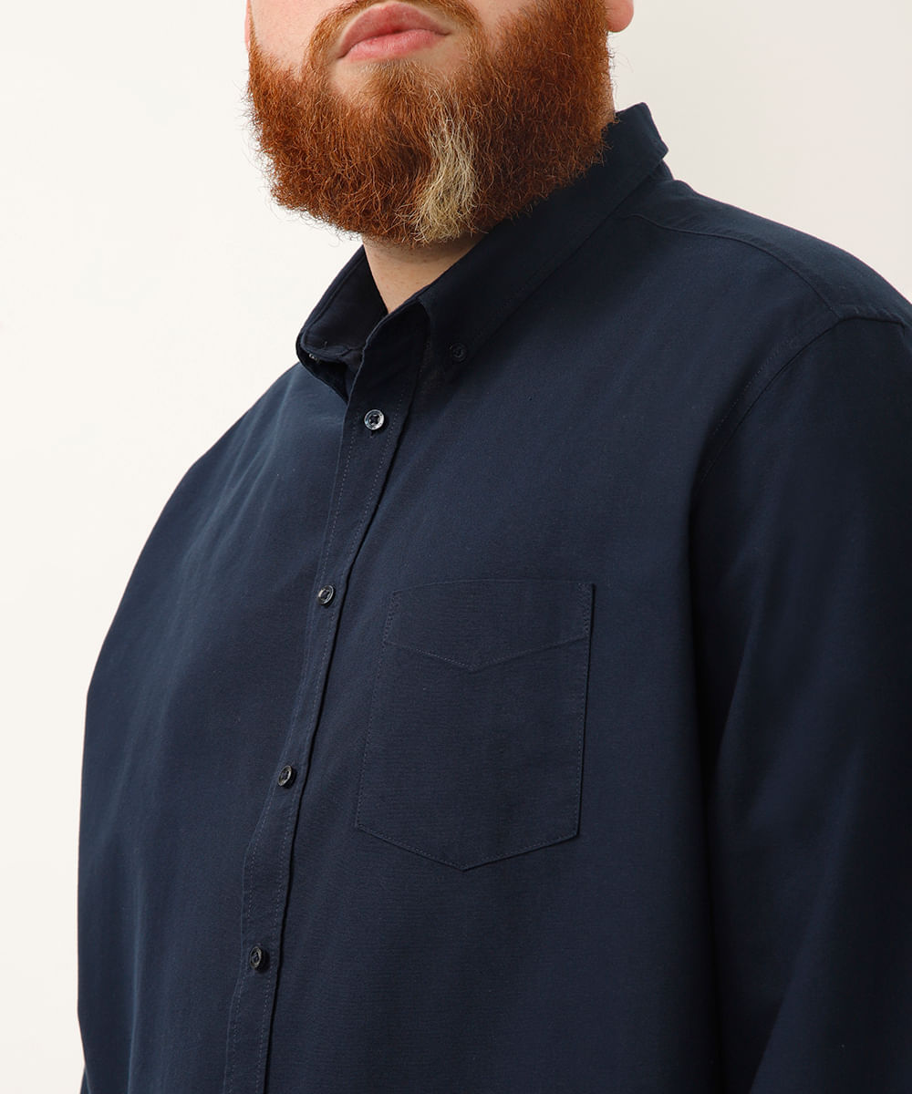camisa de algodão plus size comfort manga longa branca - azul marinho