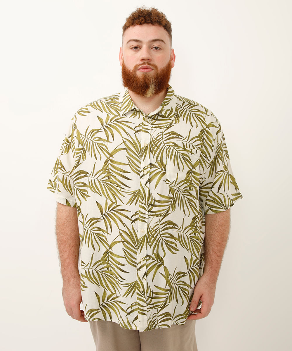 camisa de algodão folhagens plus size branca