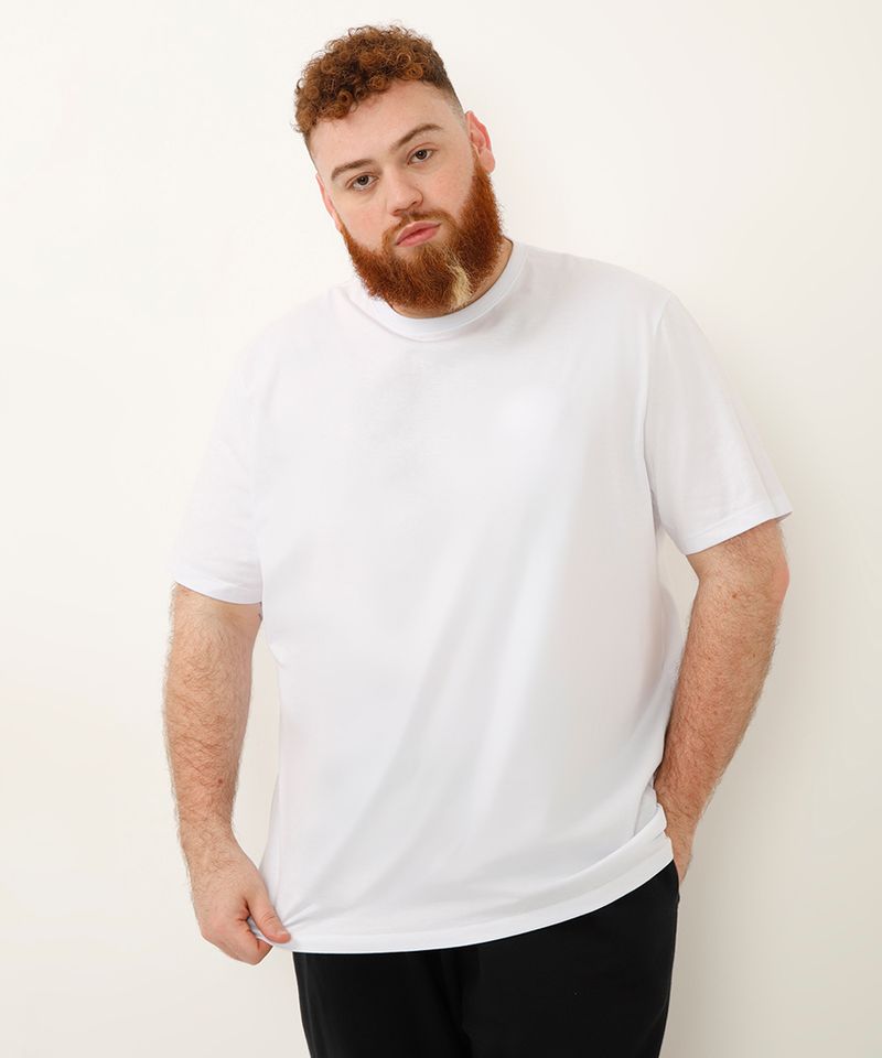 camiseta básica de algodão manga curta plus size branco