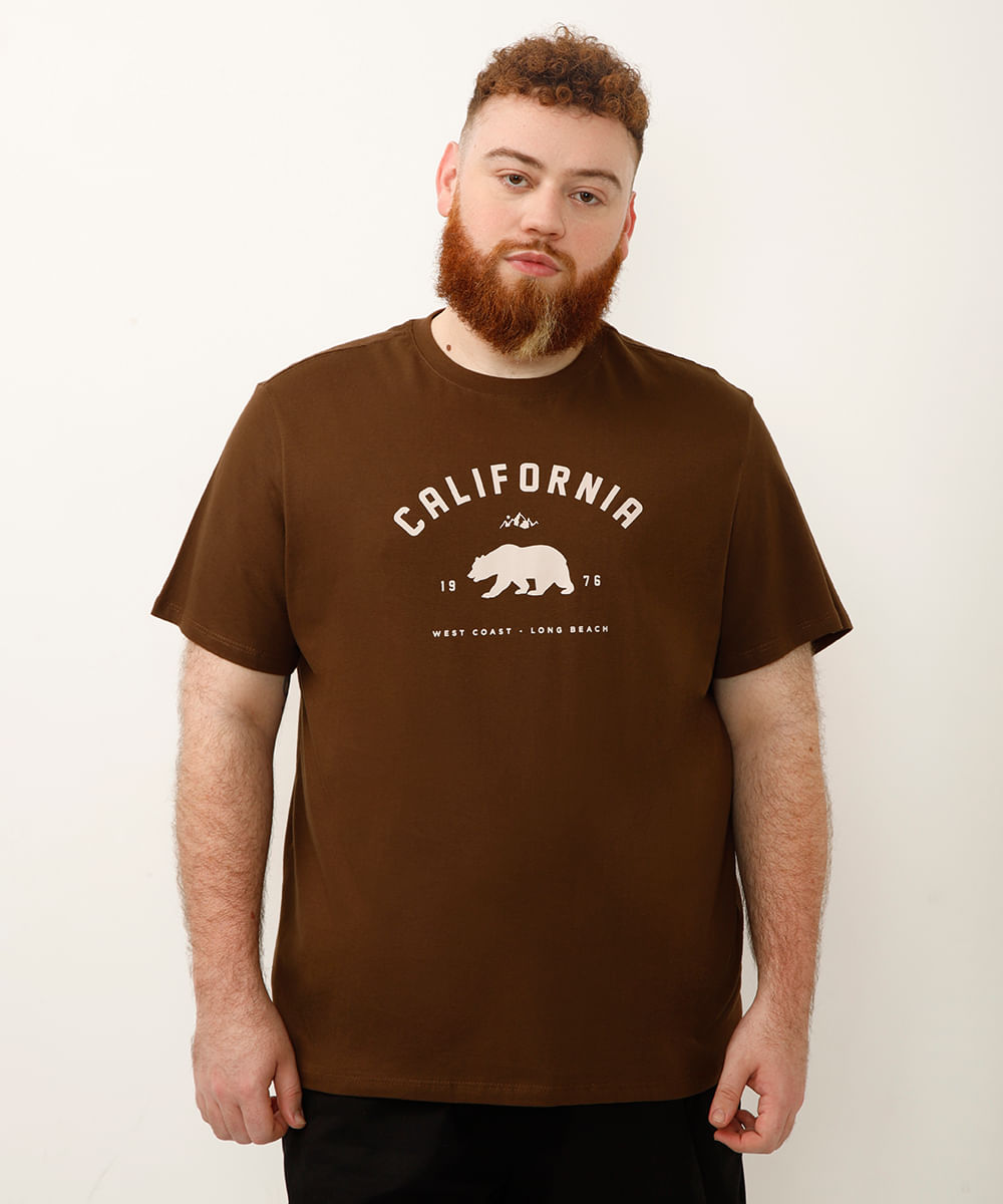 camiseta de algodão califórnia plus size marrom