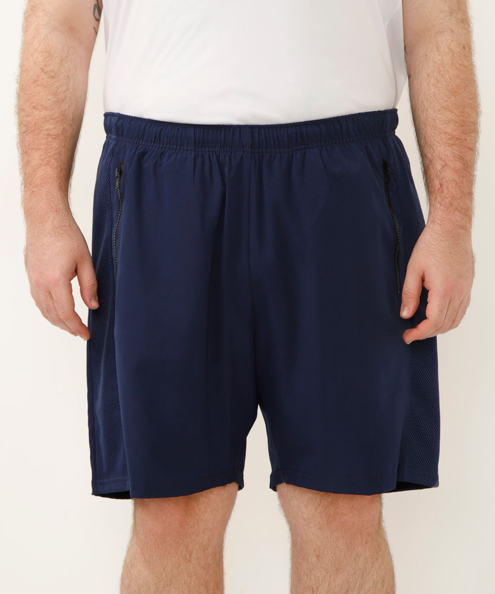 short plus size com elástico e tela esportivo azul marinho