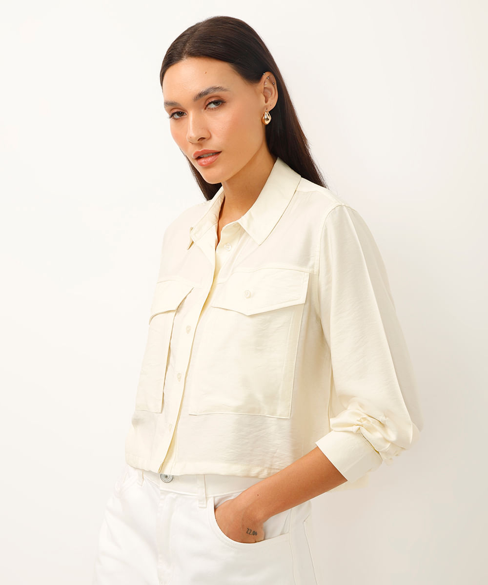 camisa de viscose manga longa com bolsos off white