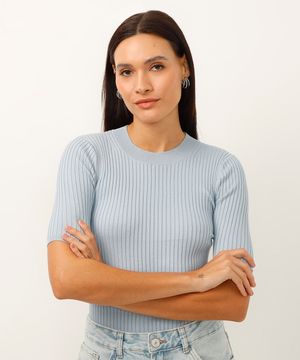 blusa de tricot manga curta canelada azul