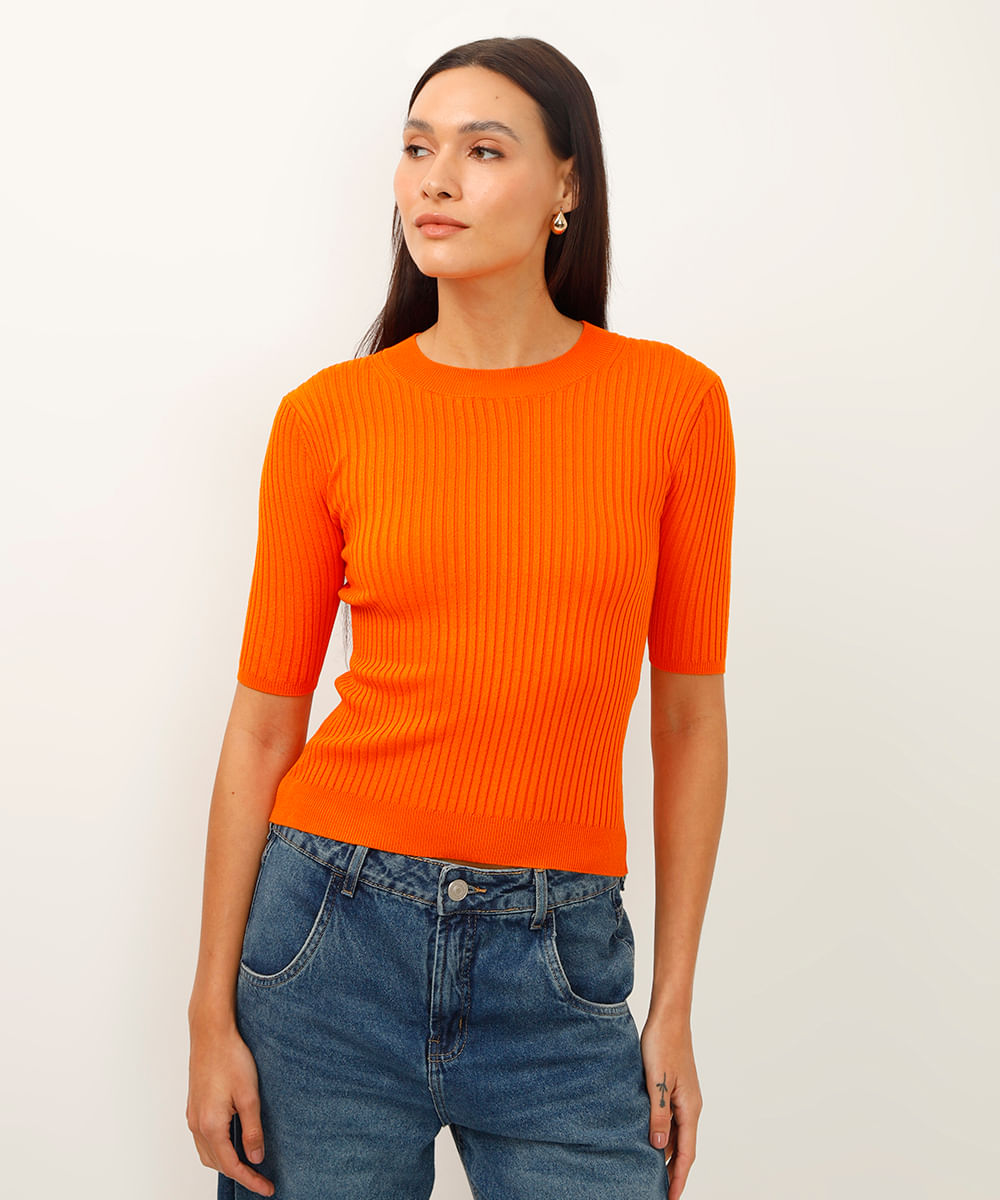 blusa de tricot manga curta canelada laranja