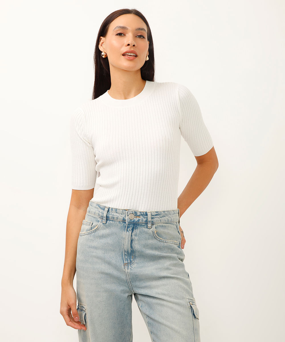blusa de tricot manga curta canelada off white