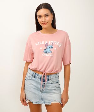 camiseta de viscose com amarração lilo e stitch rosa