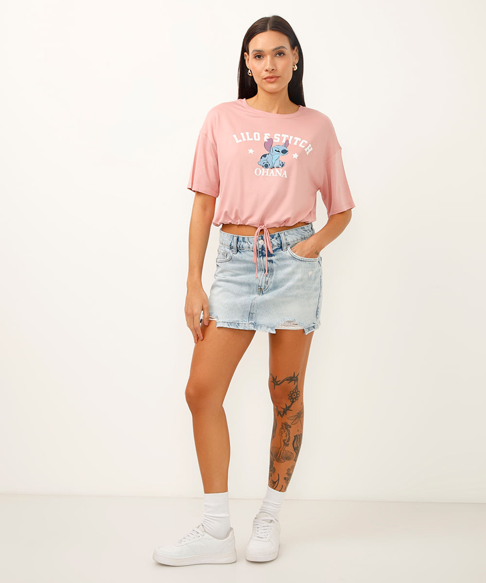 camiseta de viscose com amarração lilo e stitch rosa