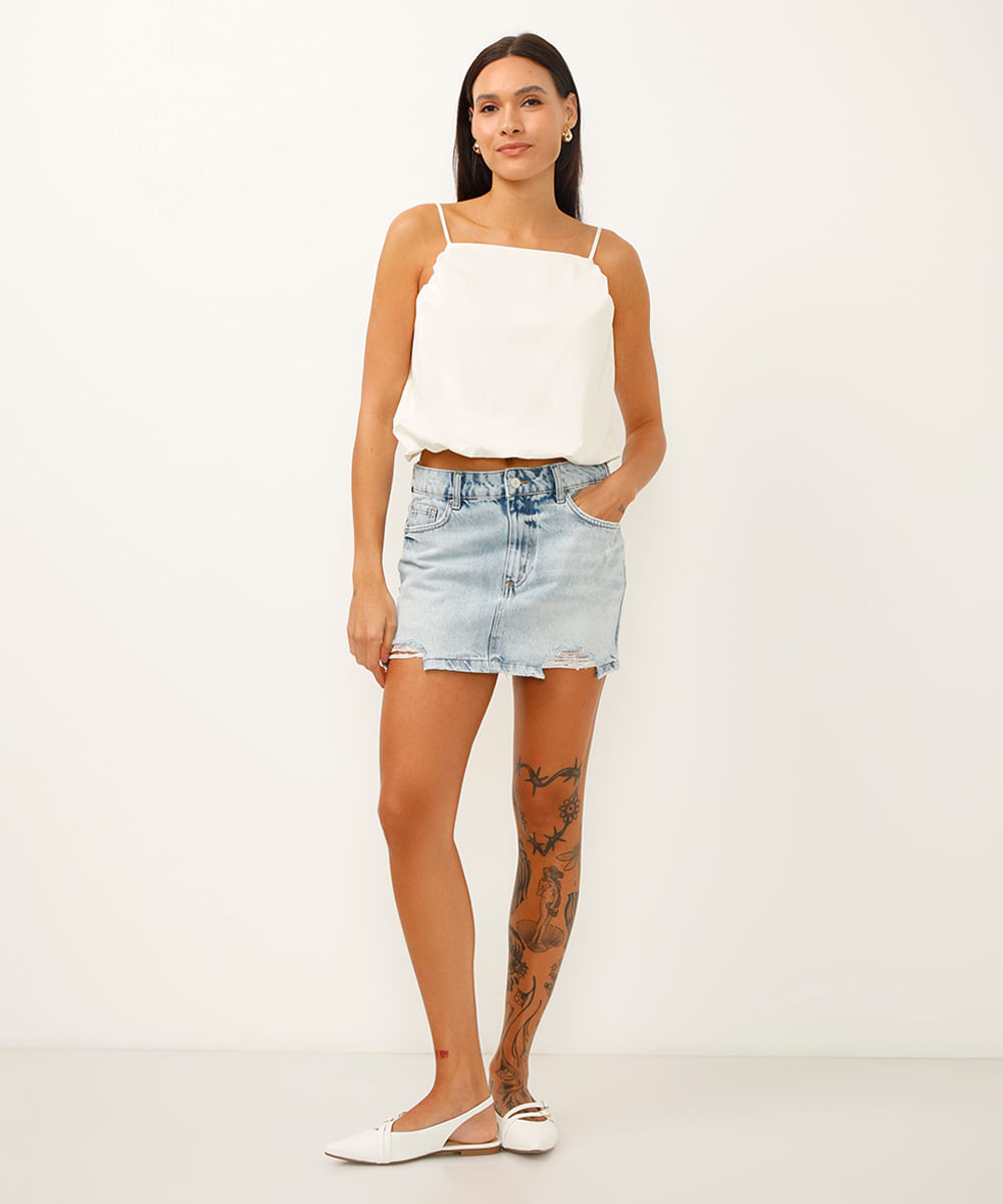 minissaia jeans barra destroyed azul