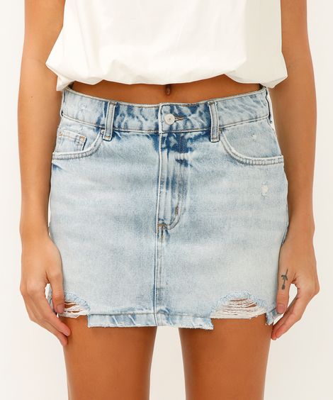 minissaia jeans barra destroyed azul