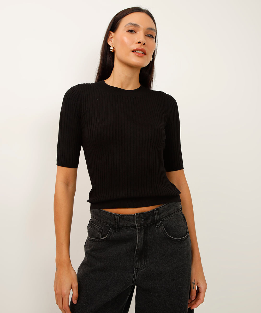 blusa de tricot manga curta canelada preta