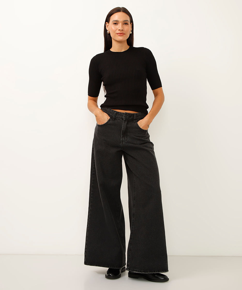 blusa de tricot manga curta canelada preta