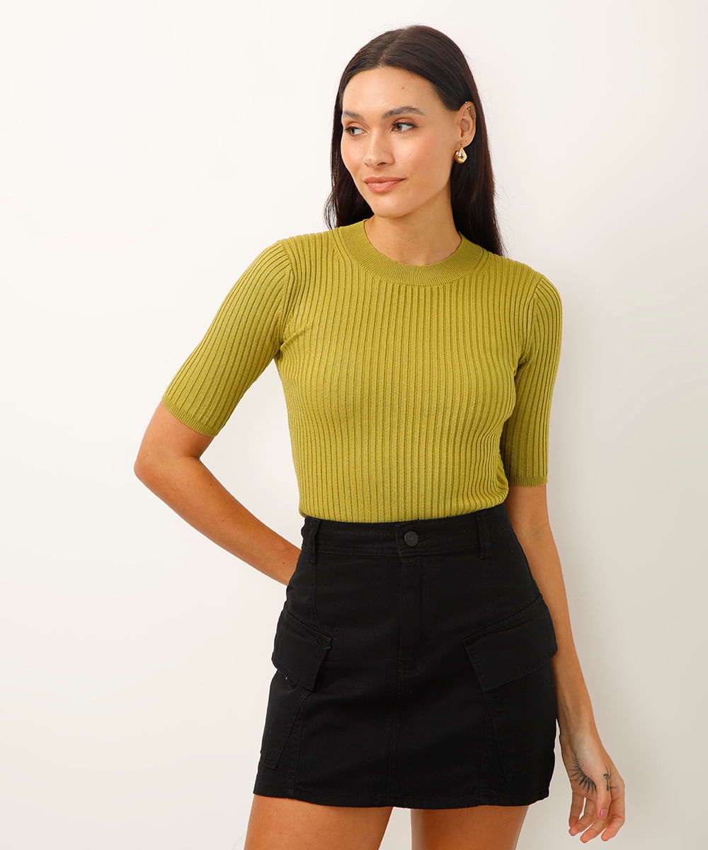 blusa de tricot manga curta canelada verde